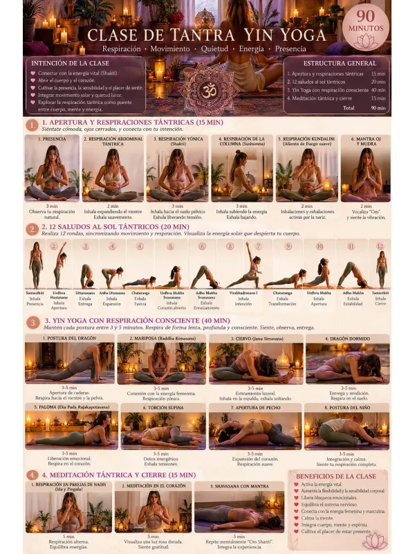 Ficha de la clase de Tantra Yin Yoga de 90 minutos: respiraciones tántricas, saludos al sol, yin yoga y meditación