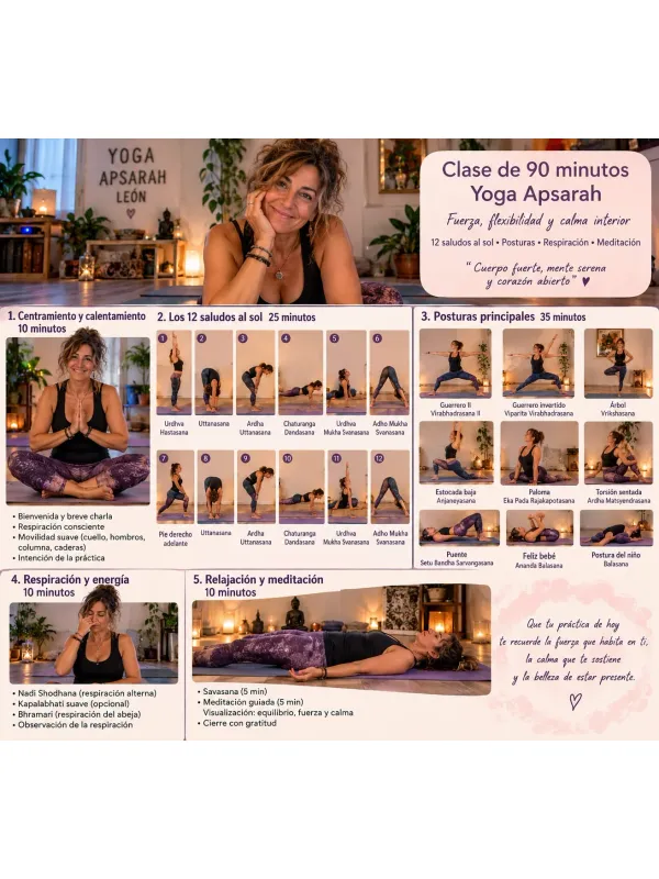 Ficha de la clase de 90 minutos de Yoga Apsarah: calentamiento, saludos al sol, posturas, respiración y relajación