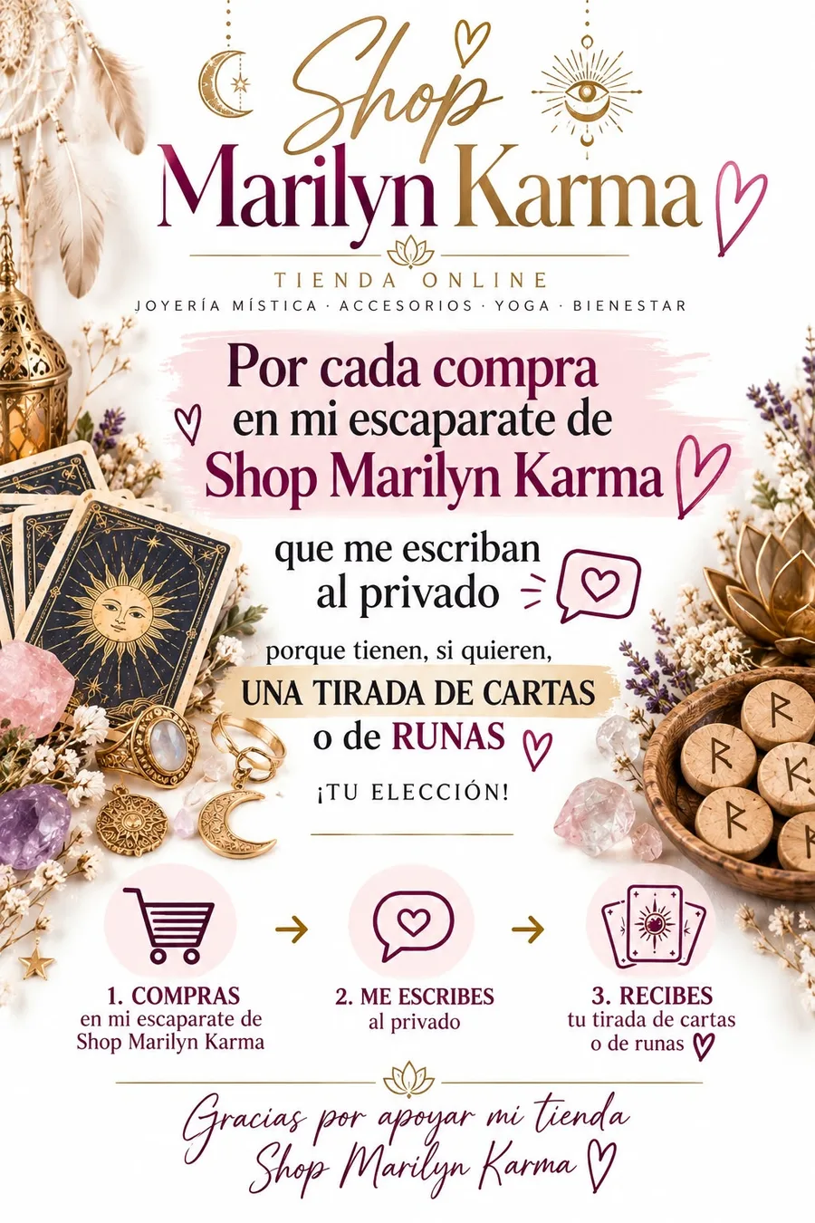Cartel de Shop Marilyn Karma: por cada compra en su escaparate, una tirada de cartas o de runas a elegir