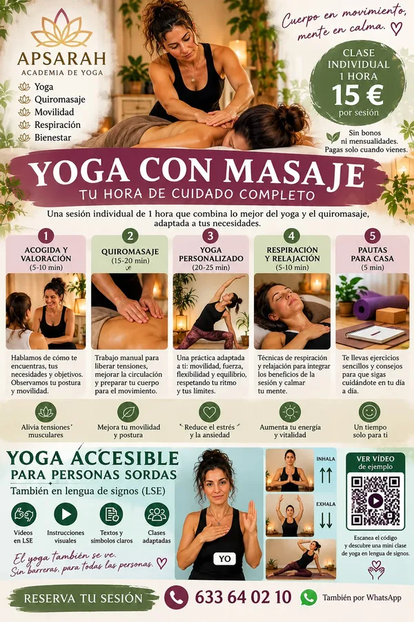 Cartel de yoga con masaje: clase individual de una hora, 15 euros por sesión, con quiromasaje, yoga personalizado, respiración y pautas para casa; también yoga accesible para personas sordas en lengua de signos