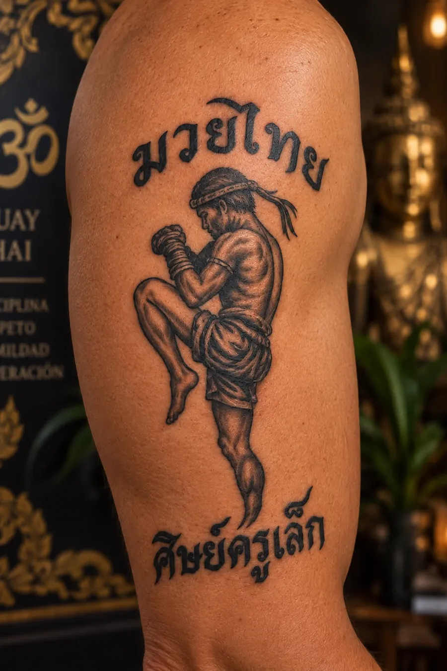Tatuaje de un luchador de Muay Thai en el brazo de César, con las palabras «Muay Thai» y «discípulo del maestro Lek» en tailandés
