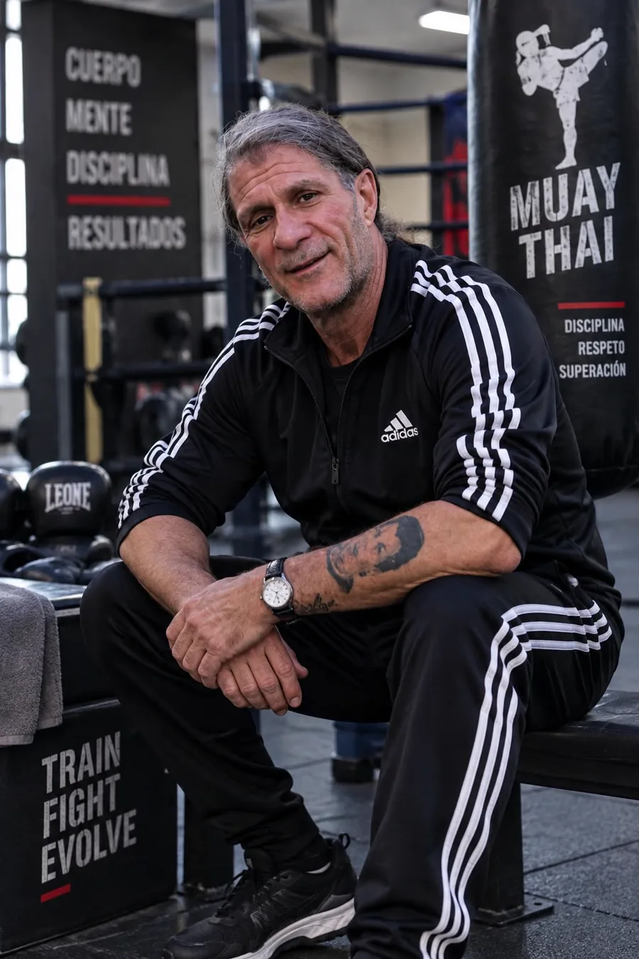 César sentado en el gimnasio donde entrena, con el saco de Muay Thai detrás